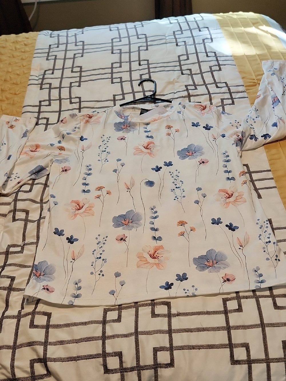 Floral Print Long Sleeve Blouse - White with Blue & Peach Flowers